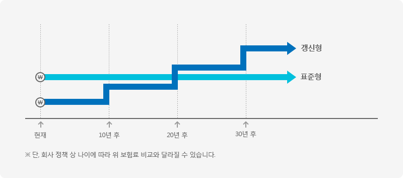 해지환급금미지급형:보험료가 오르지 않음(오프라인 보험료 대비 저렴), 표준형:보험료가 오르지 않음, 갱신형:10년마다 보험료가 변동